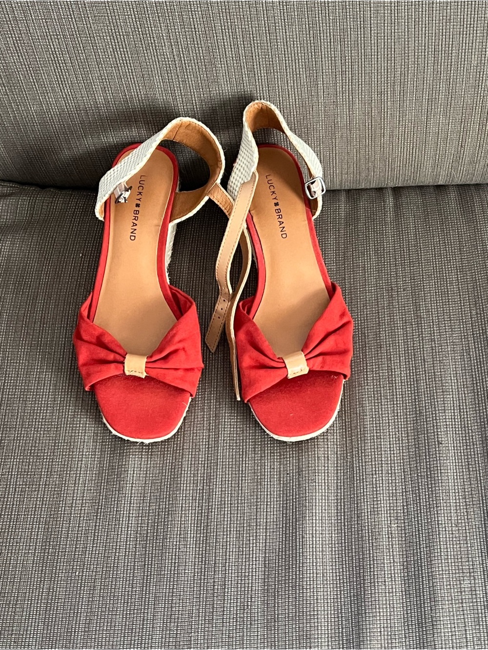 Lucky Brand Red Bow Wedge Sandals with Neutral Ankle Strap
